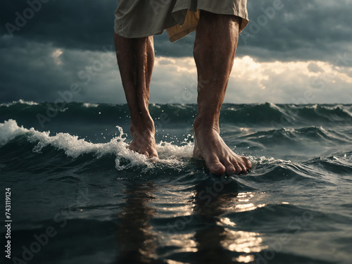 Jesus walking on water close up of feet walking on sea or ocean photo