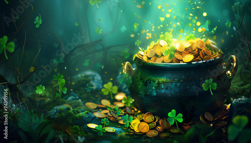 Banner st patricks day with treasure of leprechaun, pot full of golden coins and shamrocks