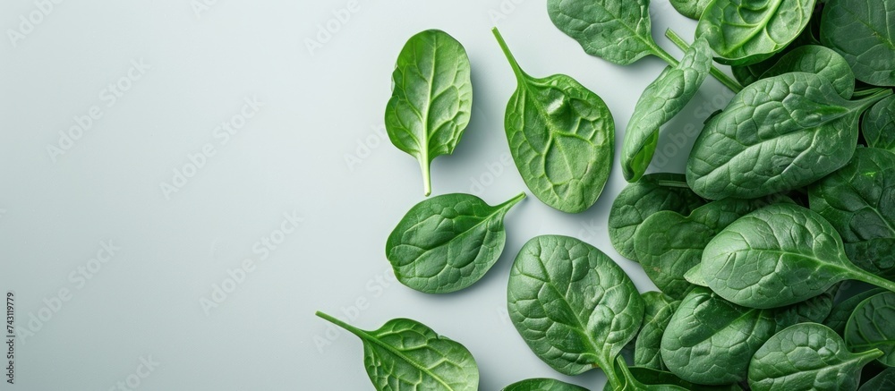 Fototapeta premium Multiple spinach leaves arranged in a stack on a white background.