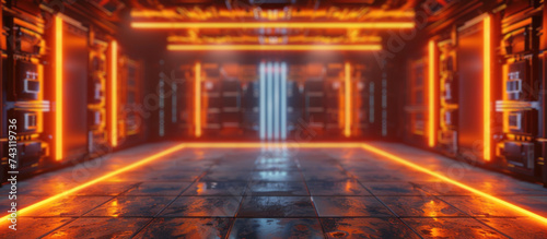 A futuristic hallway illuminated by neon lights with a door at the end, casting an otherworldly glow on the sleek, metallic surfaces.