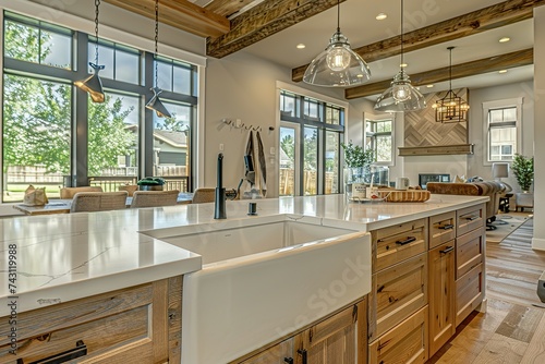 Beautiful kitchen in new traditional style luxury home with hardwood, floors and large windows, Modern kitchen.