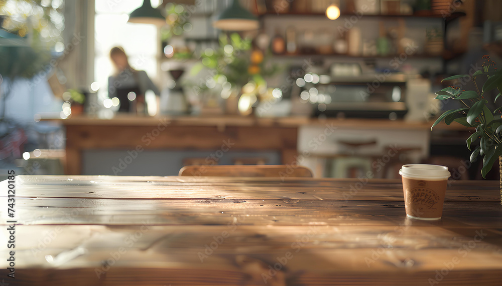 closeup to empty wooden table with chairs and blurred background with cafe area and barista serving organic drinks closeup to empty wooden table with chairs and blurred background with cafe area and barista serving organic drinks
