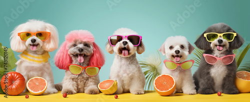 Summer holiday fun with a group of adorable dogs wearing sunglasses and surrounded by citrus fruits, capturing the essence of sunny leisure © TEERAPONG