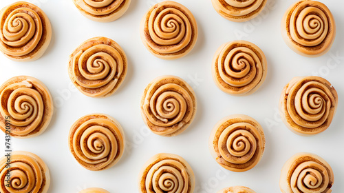 top down view of cinnamon rolls on evenly distributed on white background