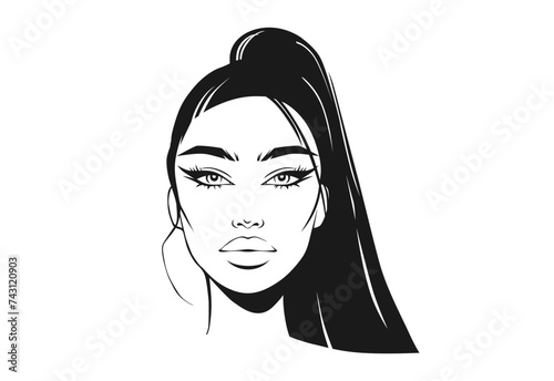 Vector Young Woman Girl Model Face Portrait. Beautiful Lady with Long Black Eyelashes Arched Eyebrows Plump Lips Illustration Isolated on White. Beauty Salon Logo