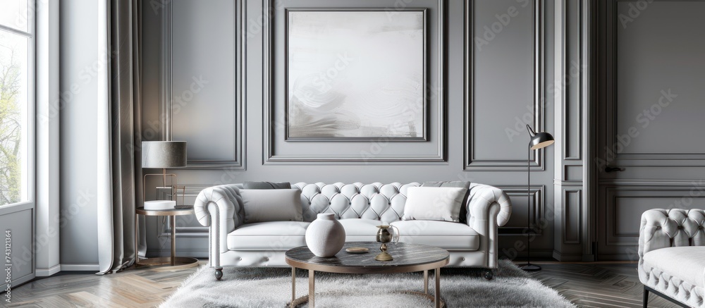 A living room fully furnished with various pieces of furniture, including a sofa, coffee table, and armchair, along with a painting hanging on the wall. A living room fully furnished with various pieces of furniture, including a sofa, coffee table, and armchair, along with a painting hanging on the wall.