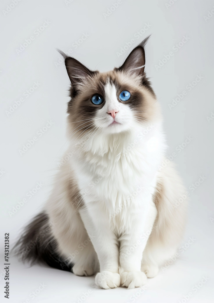 Cute Ragdoll cat sitting in front of white background, studio shot, funny animal. Cute Ragdoll cat sitting in front of white background, studio shot, funny animal.