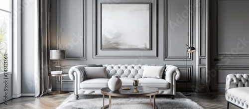 A living room fully furnished with various pieces of furniture, including a sofa, coffee table, and armchair, along with a painting hanging on the wall.