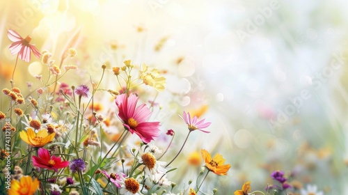 Close-up View of Colorful Flowers in a Sunlit Field, Natures Beauty in Full Bloom Under the Warm Sunlight