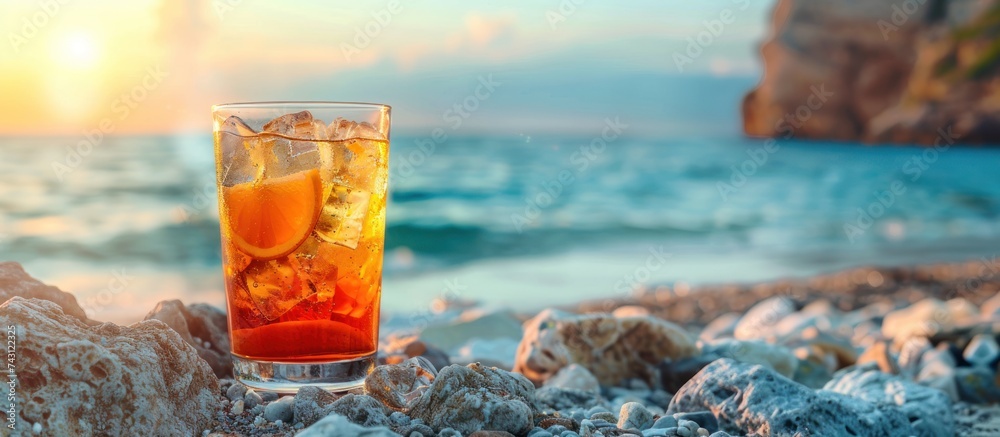 A glass filled with liquid rests on a rocky beach with waves gently lapping at the shore. The scene captures the contrast between the man-made object and the rugged natural environment. A glass filled with liquid rests on a rocky beach with waves gently lapping at the shore. The scene captures the contrast between the man-made object and the rugged natural environment.