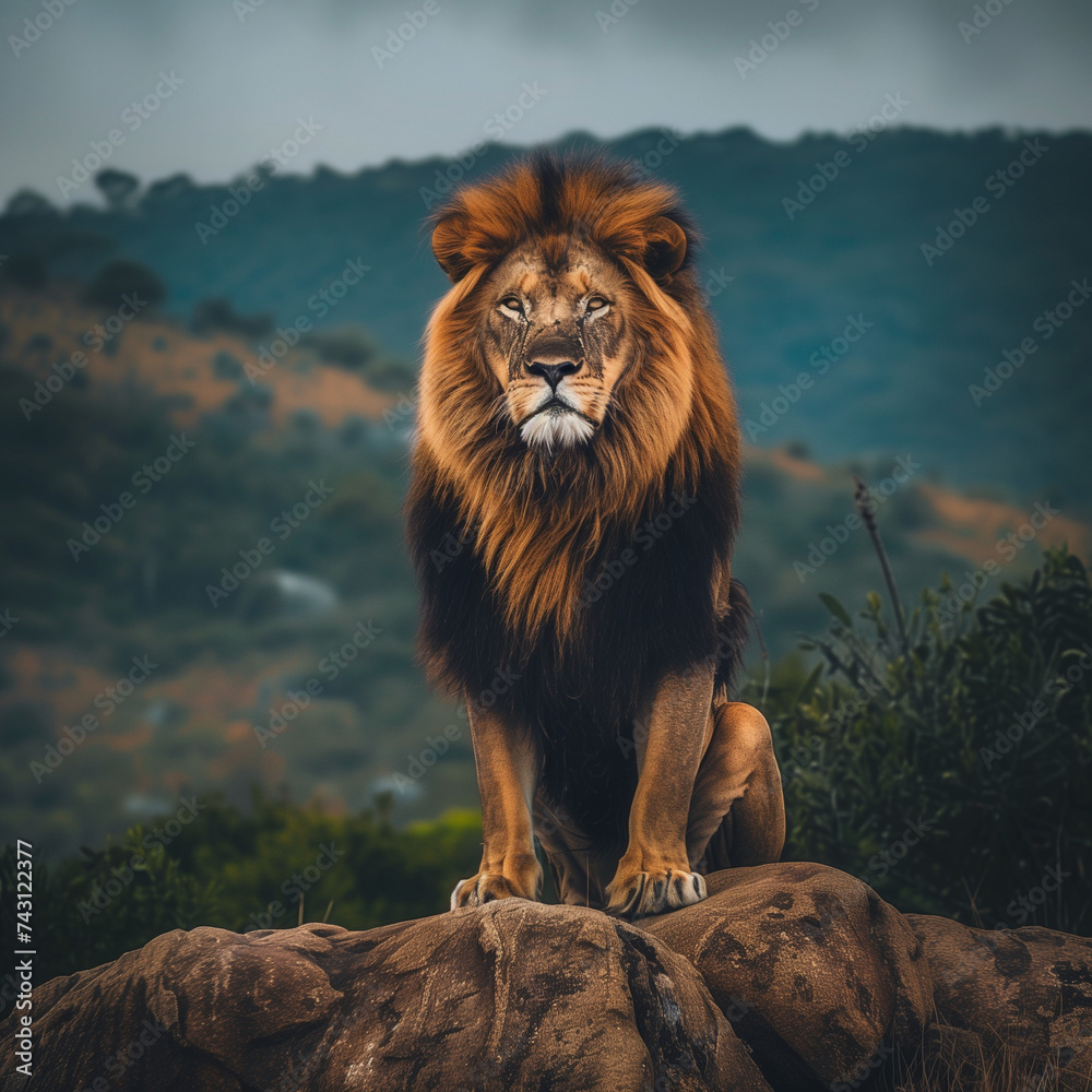 Majestic Lion Sitting Atop a Rocky Outcrop Overlooking the Savannah