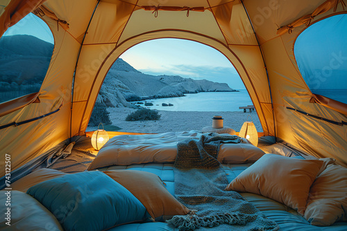 Cozy tent interior with a view of a tranquil lake at twilight