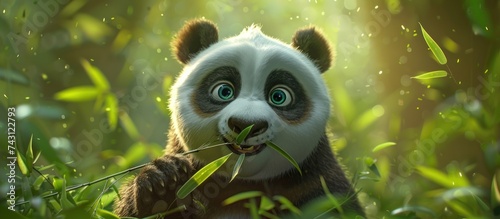 A panda bear is actively chewing on bamboo in a lush forest setting.