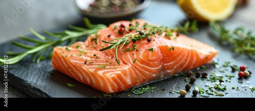 A close-up view of a fresh raw salmon fillet on a wooden cutting board, surrounded by aromatic herbs and spices.