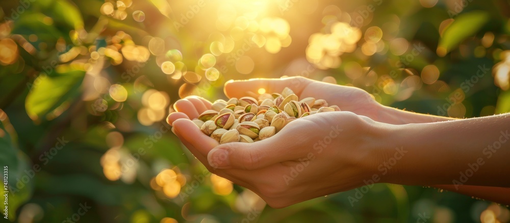 A persons hands are holding a handful of seeds under the sunlight. - obrazy, fototapety, plakaty 