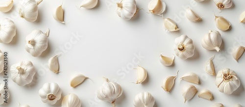 A variety of garlic cloves arranged neatly on a plain white background.