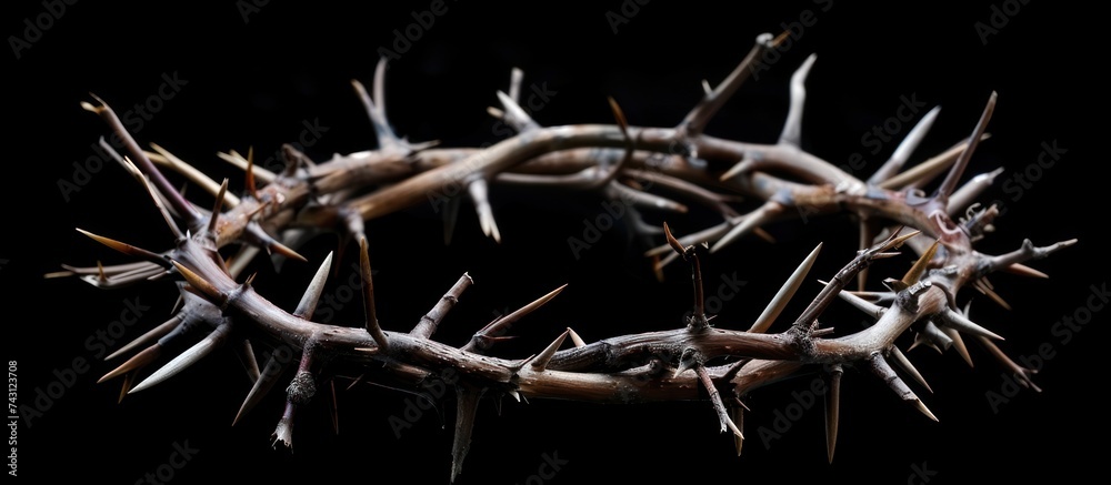 A crown of thorns, commonly associated with Jesus, is displayed on a dark black background. A crown of thorns, commonly associated with Jesus, is displayed on a dark black background.