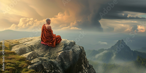Buddhist monk meditating on a rock