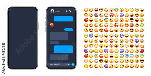 Smartphone messaging app, user interface with emoji. SMS text frame. Chat screen, blue message bubbles. Texting app for communication. Social media application. Dark mode. Vector illustration