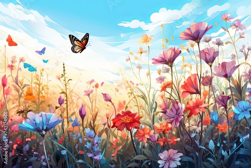 Watercolor meadow flowers illustration background and wildflowers field with butterflies