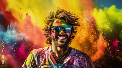 portrait of a colorful man celebrating holi festival