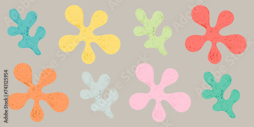 Set of Isolated Design Elements Abstract Green, Orange, Red, Pink, Yellow, Grey and Mint Flowers and Leaves. Style of Children's Drawing.
