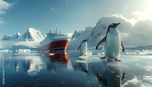 Penguins floating on small ice floe with Research vessel moving by polar sea waters during long polar day. Climate change, Global warming and flora and fauna researching in polar zones concept