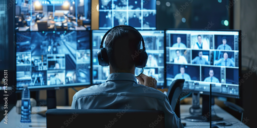 Busy security worker in headphones sits on work Busy security worker in headphones sits on work