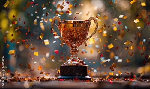 Golden trophy cup with conf...