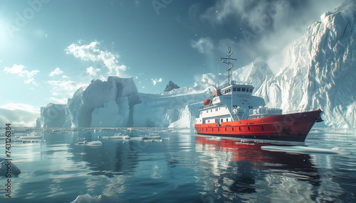 Red and White Research vessel moving by polar sea waters between huge icebergs mountains during long polar day. Climate change, Global warming and flora and fauna researching in polar zones concept.
