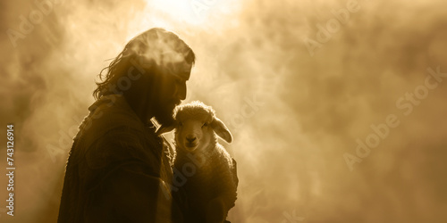 Silhouette of Shepherd Jesus Christ Taking Care of One Missing Lamb Banner with Copy Space photo