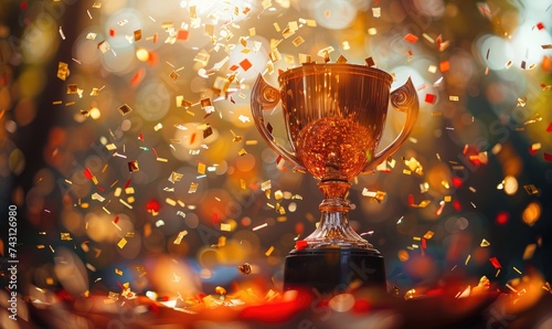 Golden trophy cup with confetti, bokeh background