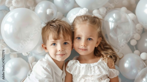 Beautiful, cute children in white clothes with white balloons. Holiday party all in white.