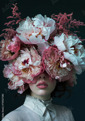 beautiful young woman with floral wreath on her head from big pink and white peonies flowers on white background. Fashion beauty banner for cosmetics makeup or Mental health, Psychology theme