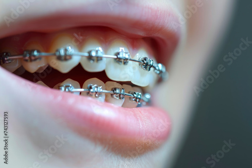 Young teenage girl smiles with braces on her teeth, close up.