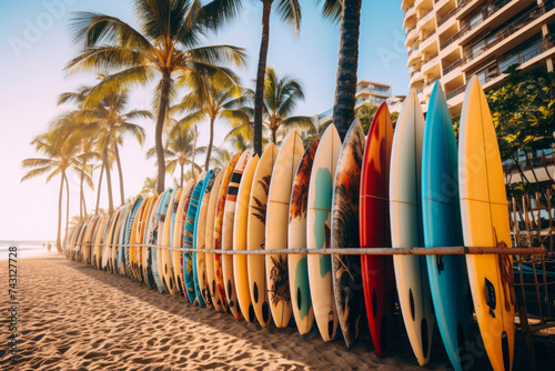 Rows of colorful surfboards neatly arranged on the shore beach with palm trees in the background in summer vacation season, sports and adventures.