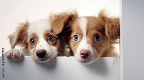 Two adorable puppies peek out over a white wall. White background