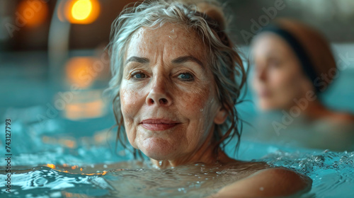 Elderly happy women do the exercises and aqua aerobics in the indoor pool. Woman look at the camera with a relaxed attitude at the exercises