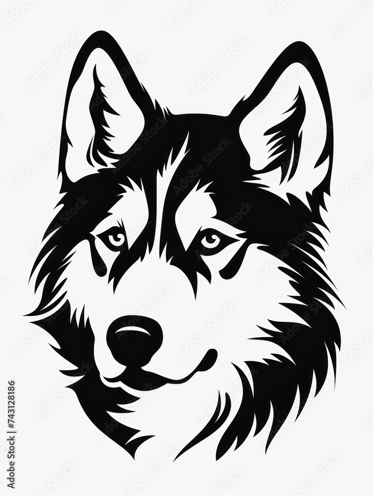 The image features a black and white drawing of a wolf's face. The background is plain white. The image features a black and white drawing of a wolf's face. The background is plain white.