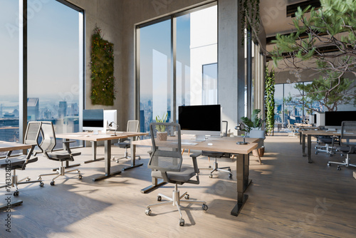 large innovative open space office with tech industry workplaces and greenery; environment friendly contemporary building; 3D rendering