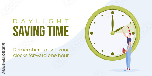 Daylight saving time begins. Spring forward web banner, poster. Vector illustration with man with bouquet of flowers in hand turning clock hour ahead. photo