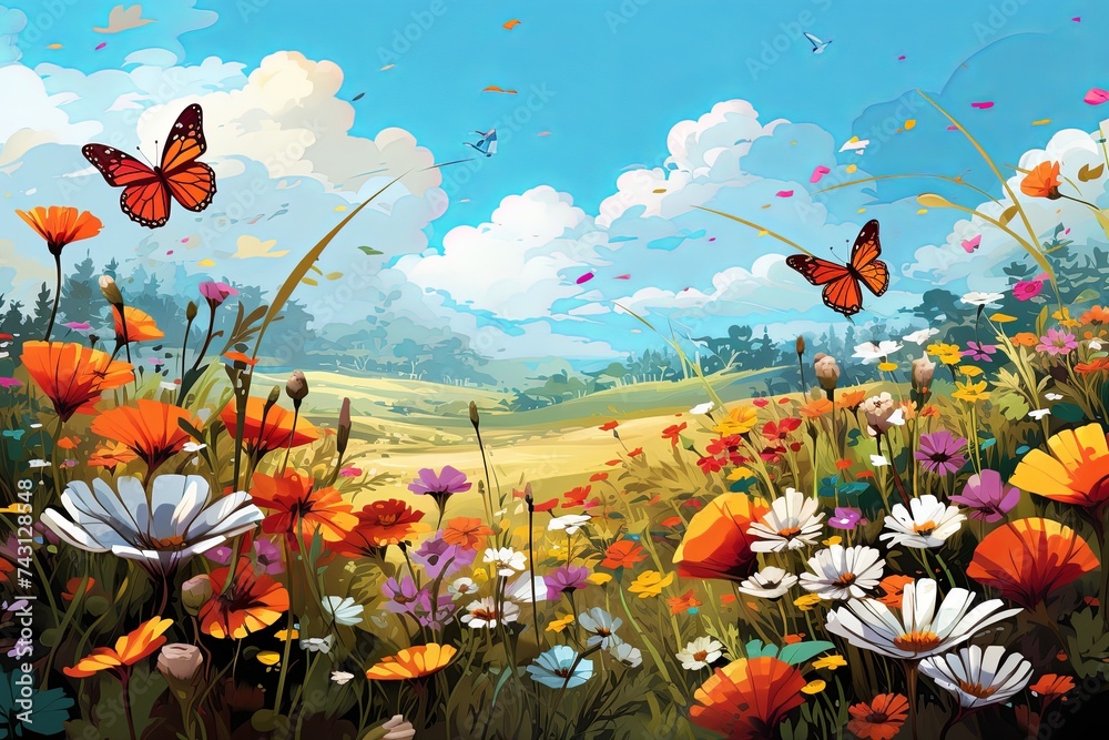 Watercolor meadow flowers illustration background and wildflowers field with butterflies