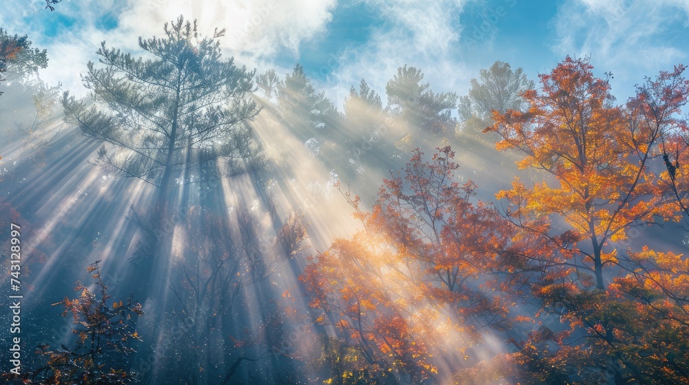 beauty sun rays,autumn forest natural background suitable for desktops
