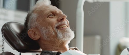 Elderly man's joy during a comforting visit to the dentist.