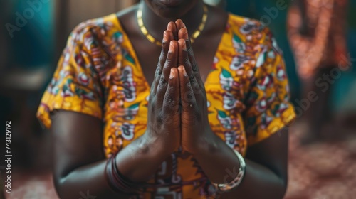 Close Up of Female Hands in Prayer Position in Church, Expressing Humility and Faith in God, Seeking Guidance and Strength. Following the Teaching of Lord Jesus Christ. Complete Devotion to Religion