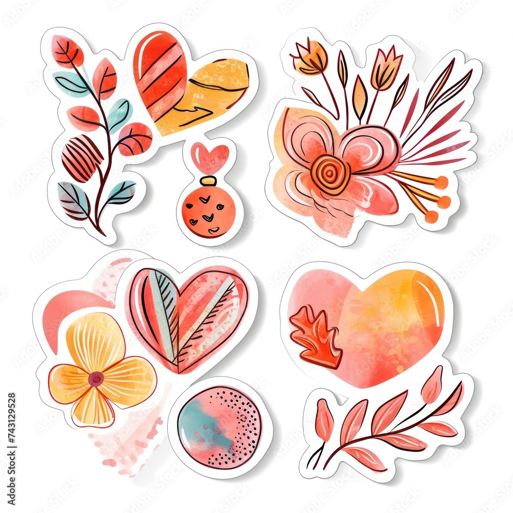 A set of six stickers featuring watercolor designs including hearts, flowers, and leaves in reds, pinks, and oranges. A set of six stickers featuring watercolor designs including hearts, flowers, and leaves in reds, pinks, and oranges.