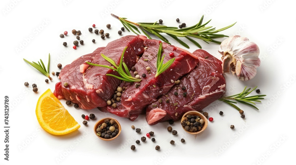 Fresh beef meat with spices, isolated on white background