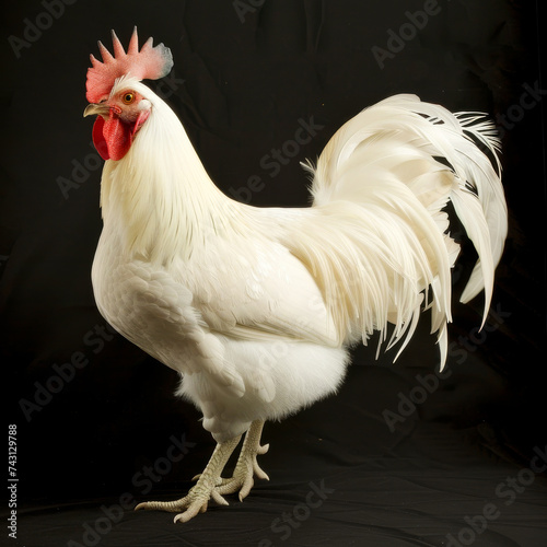 leghorn rooster chicken hen white feathers on isolated black background © JennayStock