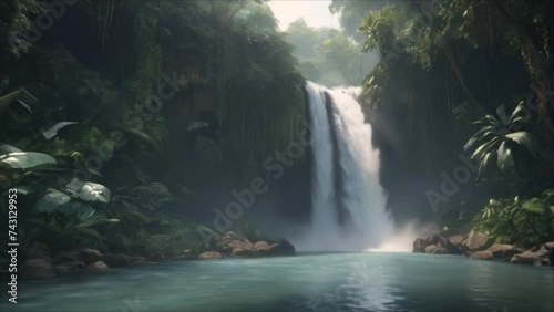 Video, beautiful waterfall in the forest, fog. AI generative.