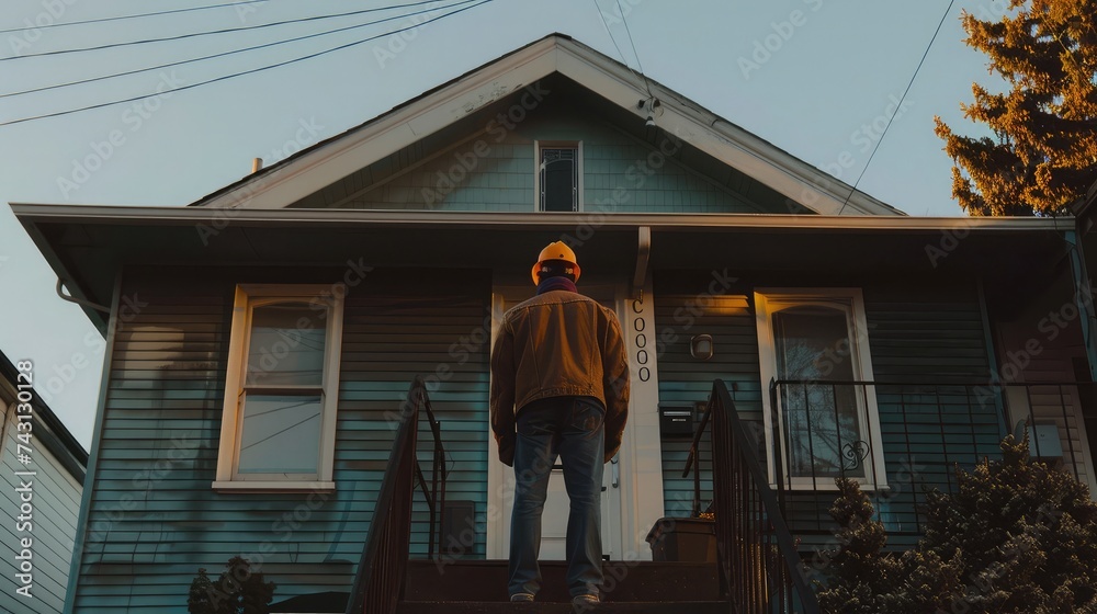 man with hard hat standing on steps inspecting house roo man with hard hat standing on steps inspecting house roo